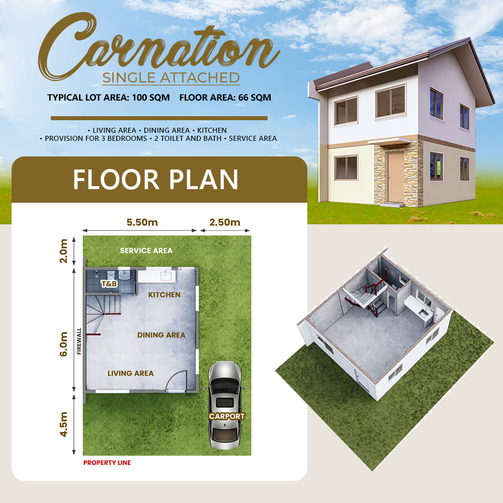 First floor plan of Carnation single attached house in Richdale West Residences, General Trias, Cavite, PAG-IBIG financing available