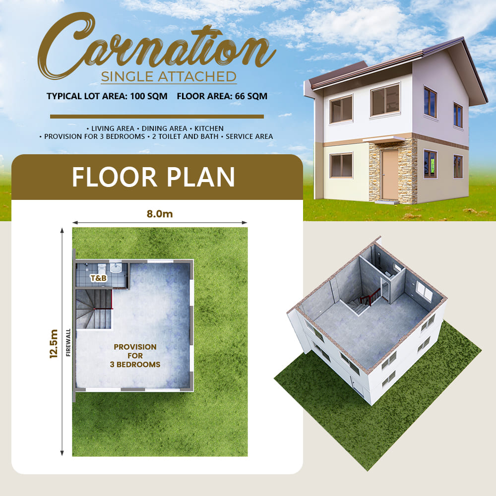 Second floor plan of Carnation single attached house in Richdale West Residences, General Trias, Cavite, PAG-IBIG financing available